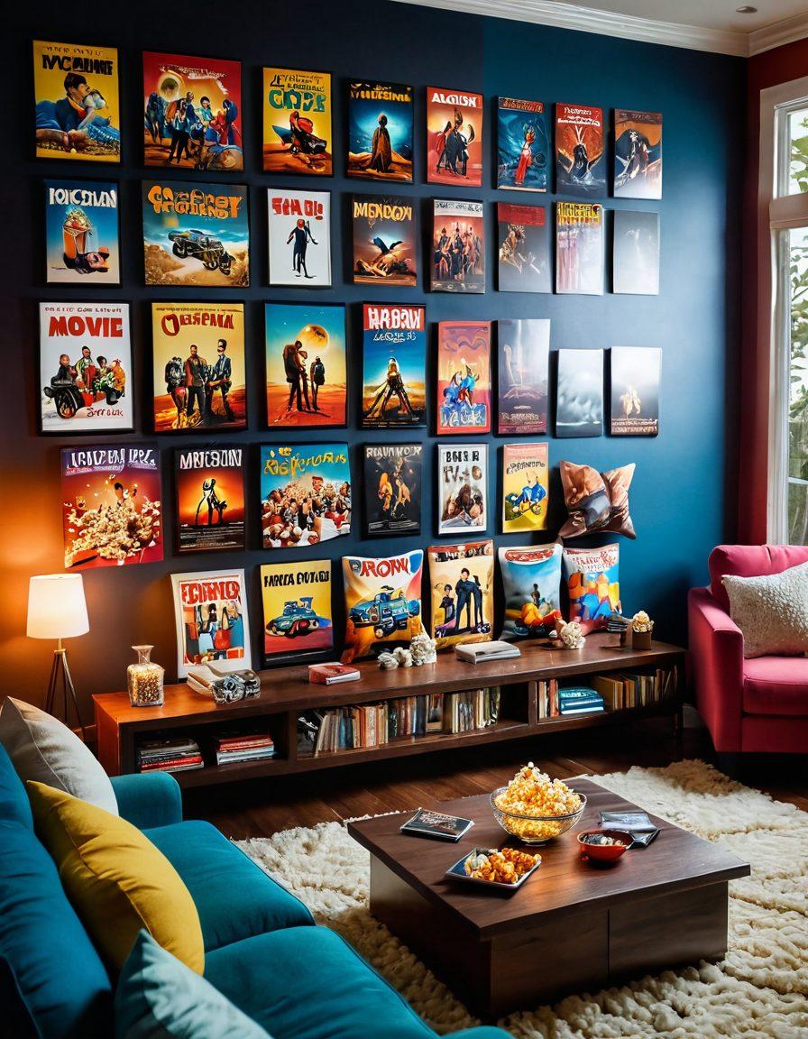 A captivating scene depicting a cozy living room with a large screen showcasing a variety of movie posters, alongside popcorn, snacks, and cozy blankets. A colorful wave pattern symbolizes the excitement of streaming popular films, blending into the background filled with floating reels of film and 3D movie characters. Warm lighting emphasizes a relaxed atmosphere, inviting viewers to enjoy their movie nights. vibrant colors. 3D.